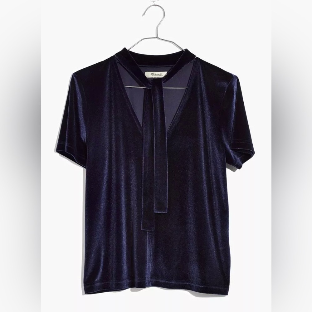 Madewell Women’s Navy Blue Velvet Tie-Neck Short Sleeve Top